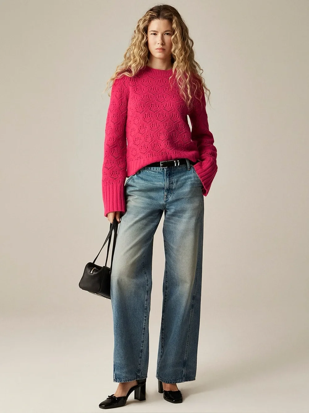 J. Crew Wide-sleeve pointelle crewneck sweater in merino wool XXS